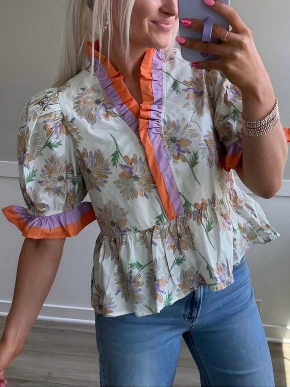 ❤️NEW Floral Ruffle Peplum Top with Orange & Lavender Trim